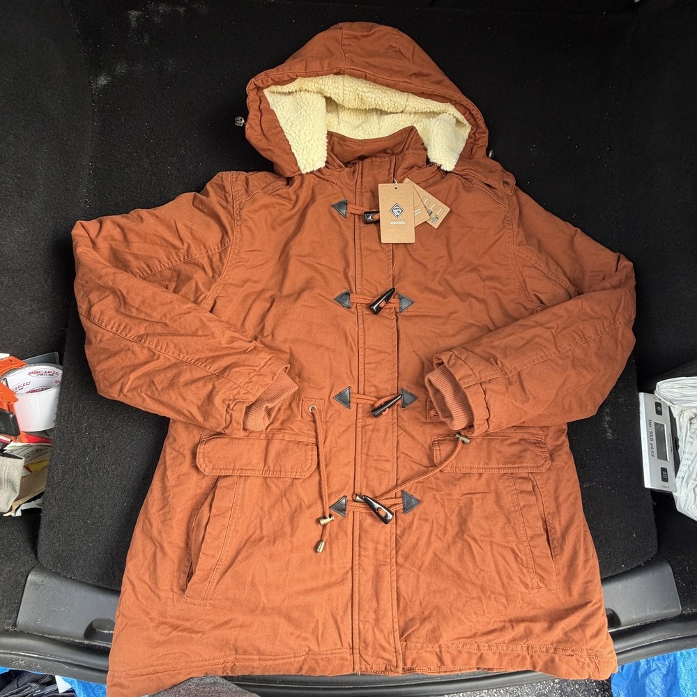 Wantdo Coat Mens XL Orange Hooded Sherpa Lined Parka Duffle Toggle Winter
